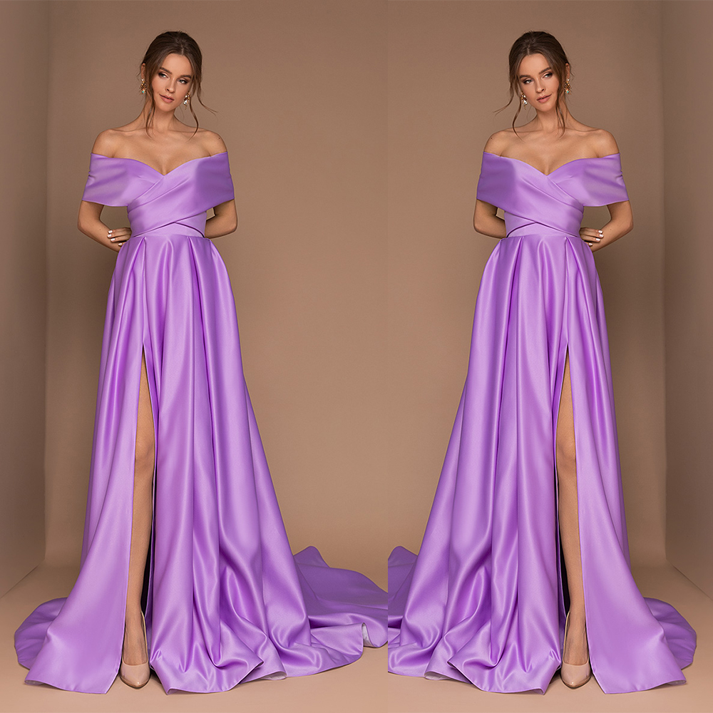 

Modest Purple Sliviamo A Line Prom Dress Off Shoulder Short Sleeve Split SatinParty Dress Sweep Train robes de soirée, Light purple