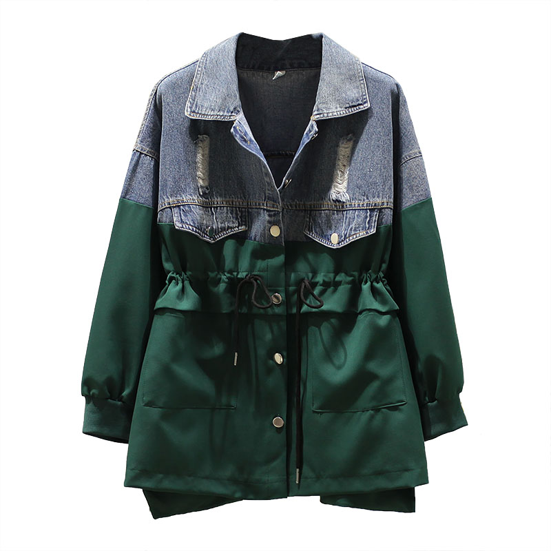 

Women's Denim Jacket Oversized 4XL Ladies Fashion Windbreaker Outerwear Mid-Long Drawstring Cowboy Color Matching Casual Coats, Black