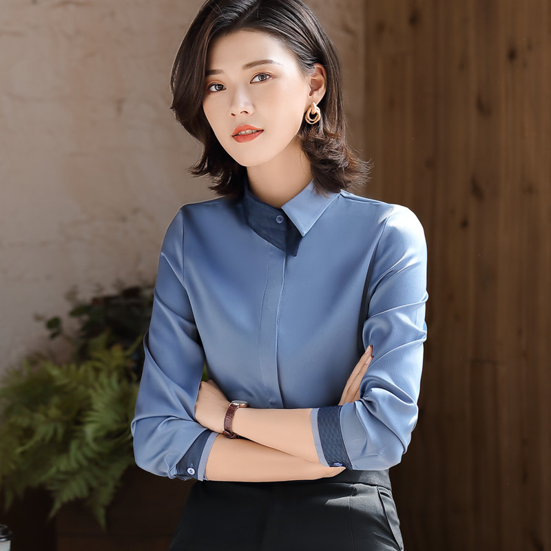 

Gray white chiffon shirt women fashion spring new temperament long sleeve lace pacthwork slim blouses office ladies work tops