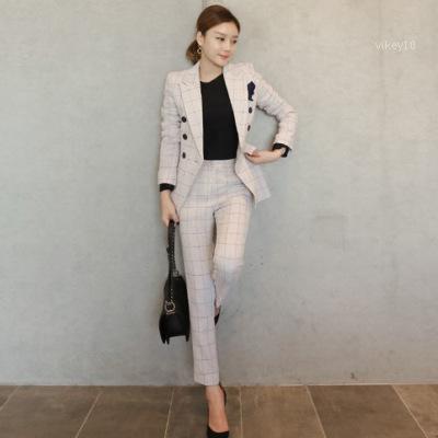 Pantalons et vestes de bureau de travail deux pièces ensemble femmes blazer costume automne vintage beige plaid costumes formels pour femmes1