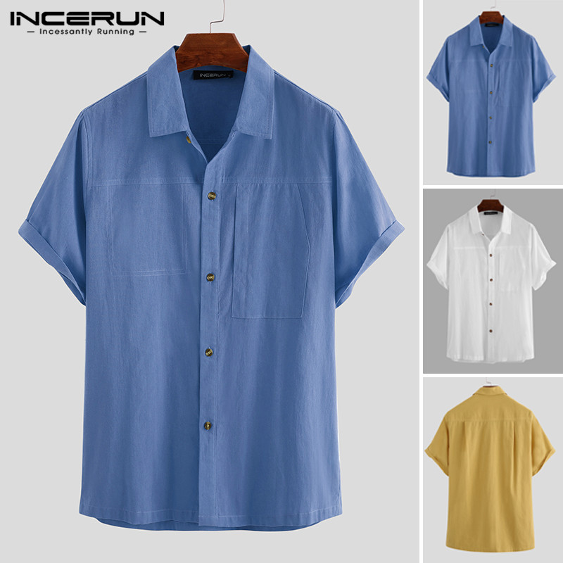 

INCERUN Men Short Sleeve Shirts Turn Down Collar Solid Color Shirt Man Casual Button Chic Blouse Cotton Breathable Tops Camisa, Blue