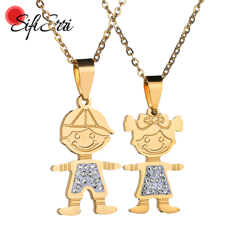 

Chains Sifisrri Zirconia Cartoon Boy Girl Family Necklace Stainless Steel Son Daughter Figure Necklaces For Women Kids Birthday Gift