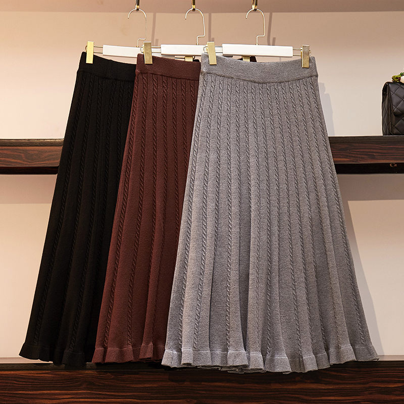 

Plus Size Women's Autumn and Winter Knitted A-line Skirt Elastic High Waist Fashion Casual Long Sweater Skirt Elegant Saias K071, Black