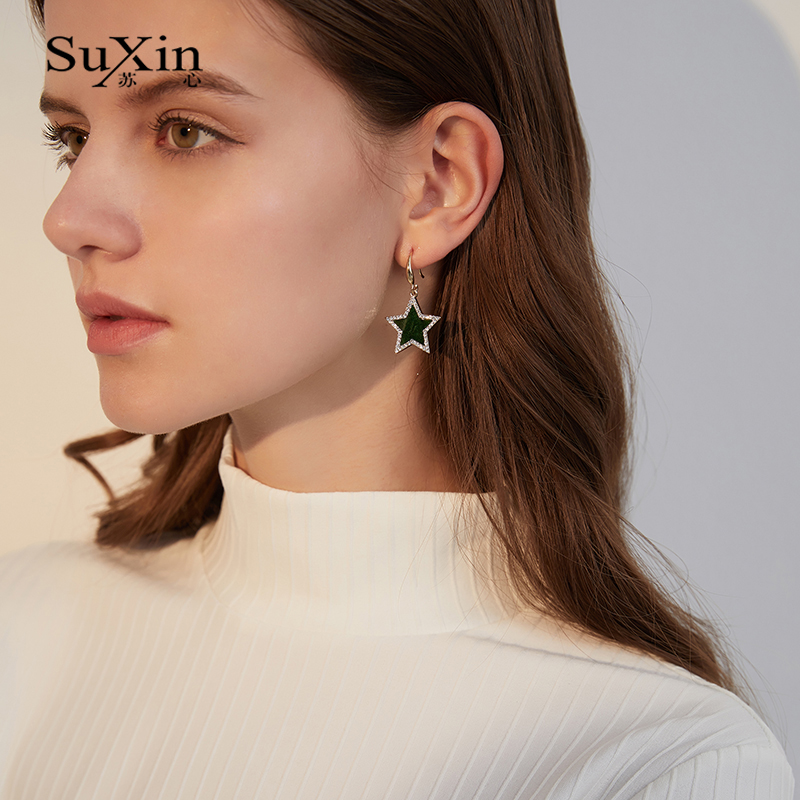 

SuXin 2020 new retro simple five-pointed star earrings for women long section artificial rhinestone pendant earring jewelry gift