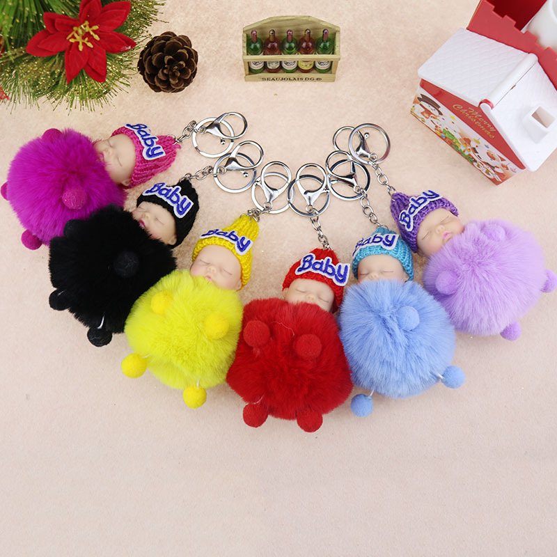 

1 PC Cute Sleeping Baby Doll Pompom Fluffy Keychain Faux Fur Knitted Hat Women Car Handbag Key Ring Jewelry wholesale