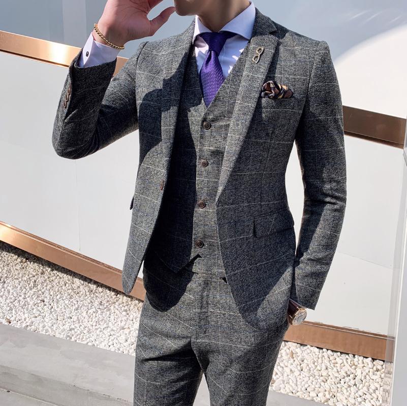 

Slim Fit Male 3 Piece Wedding Suits Dress Men Plaid Business Casual Blazer Prom Dinner Suits Party Groomsman Wear Tuxedo, Gray