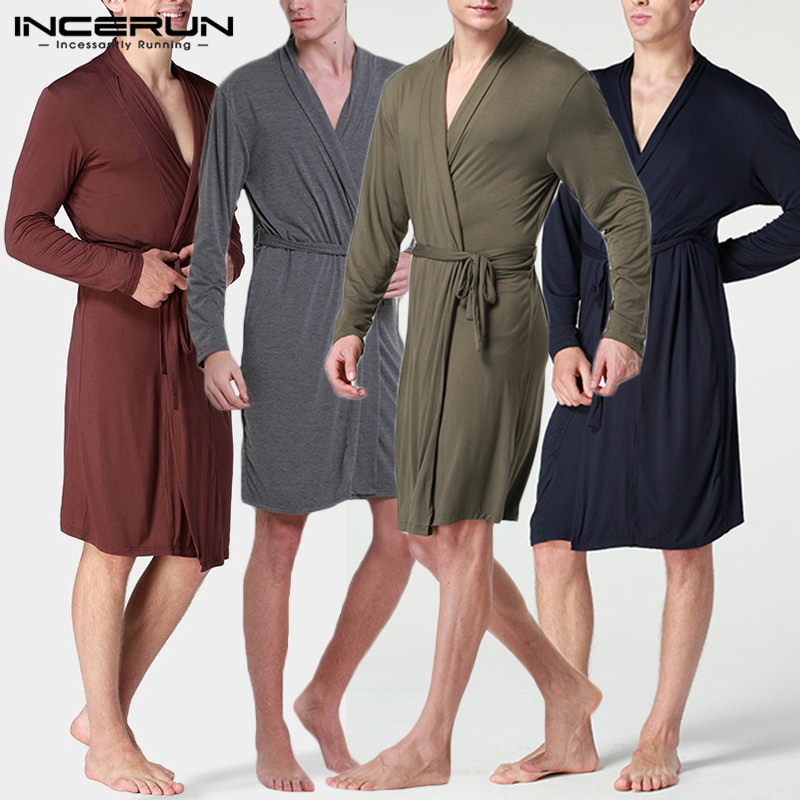 

INCERUN Fashion Men Robes Solid Color Breathable V Neck Casual Kimono Comfortable Bathrobes Long Sleeve Mens Nightgown Homewear, Gray
