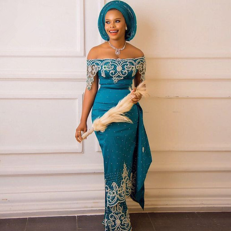 

Aso Ebi Teal Mermaid Evening Dress Off the Shoulder Beaded Lace Mermaid Prom Dresses African Nigeria Plus Size Women Party Gowns, Chocolate