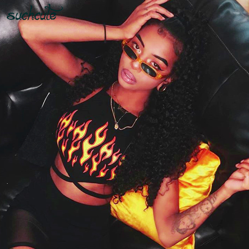 

February Brand Designer Crop Top With Flame Print Female T-Shirt Summer Sexy Streetwear Harajuku Gothic Korean Style Topic Body For Women, Black