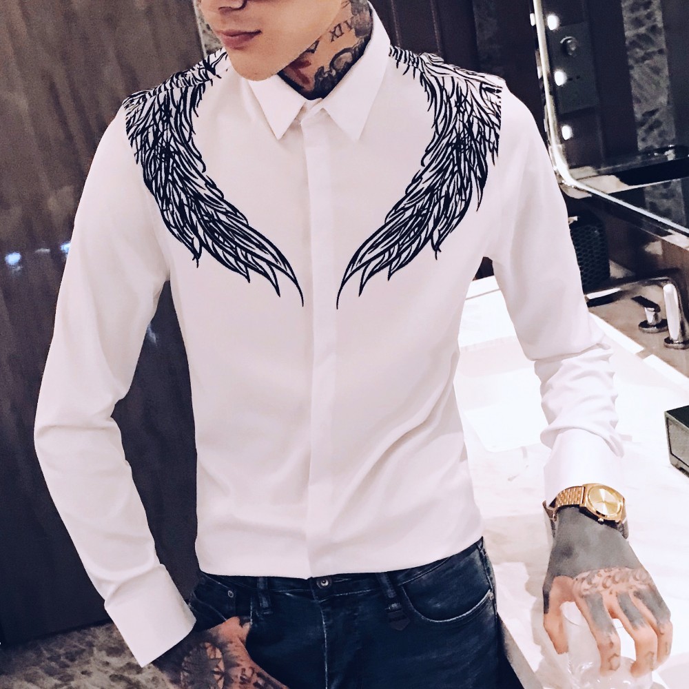 

2019 Autumn Men Shirt Brand Long Sleeve Black White Shirt Men Streetwear Digital Print Slim Fit Casual Dress Shirts Party M-3XL