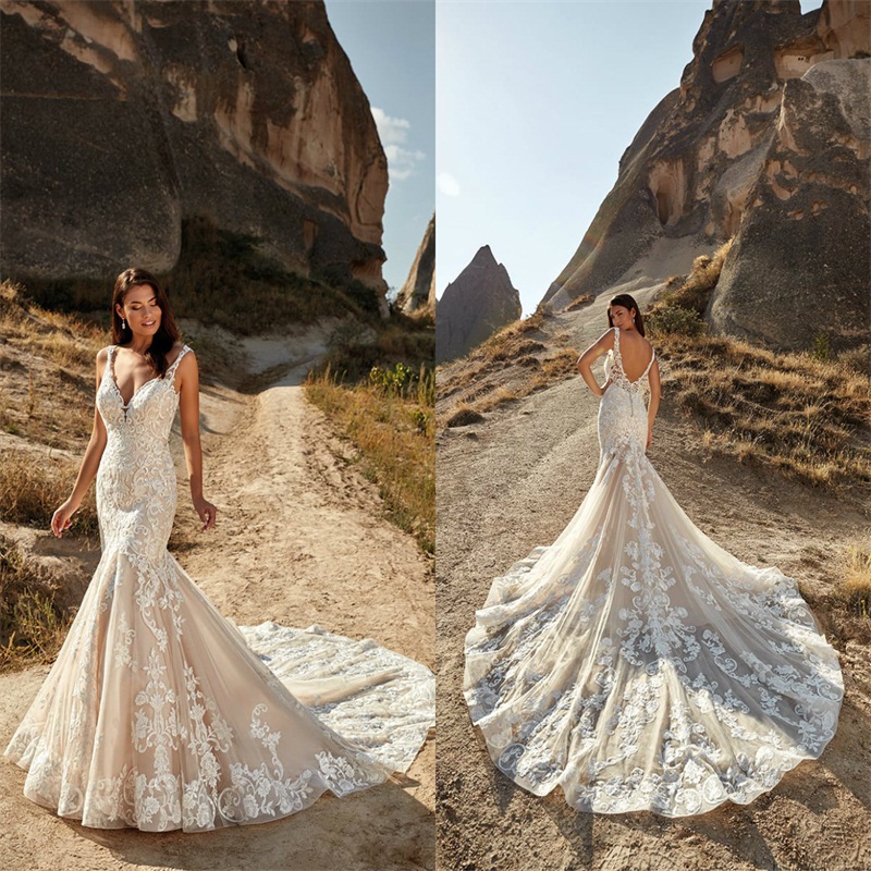 Eddy K Mermaid Wedding Dresses Sexy Spaghetti Strap Sleeveless Full Appliqued Lace Bridal Gown Backless Sweep Train Boho Robes De Mariée