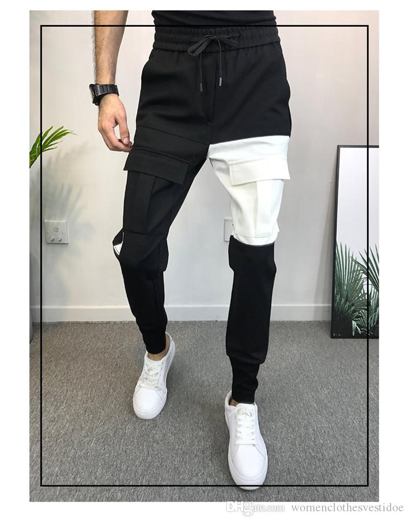 

Luxury Mens Patchwork Pants Fashion Drawstring Long Pants Mens Casual Active Pencil Pants Male Clothes, Black