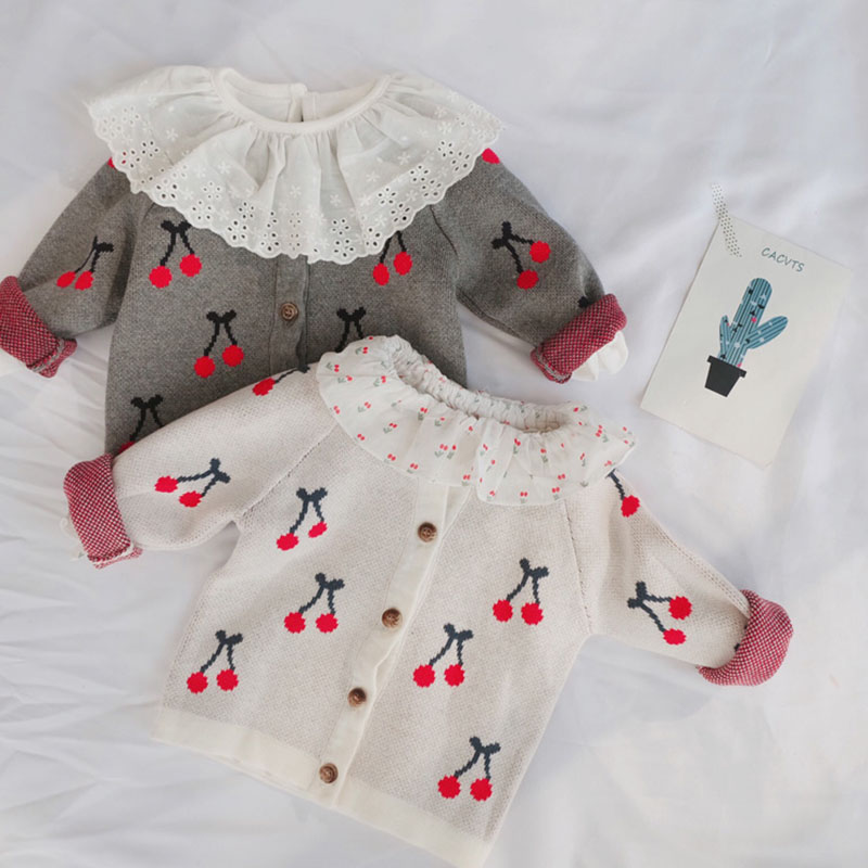 

Baby Girl Jacket Knitted Cardigan Cherry Sweater Fall Winter Fashion Long Sleeve Coat Jacket Newborn Kids Toddler Boy Clothing, White b93t18