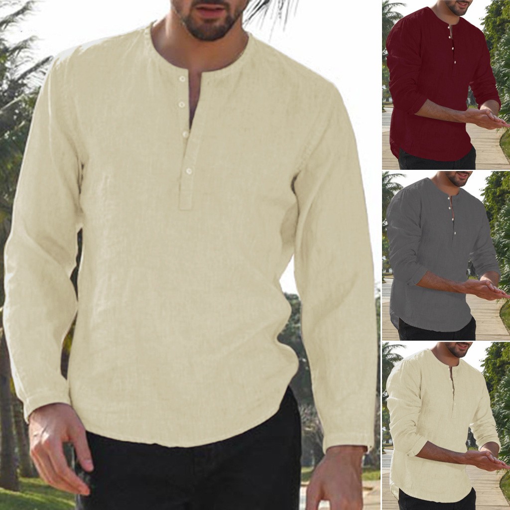 Mens Baggy Shirts Casual Cotton Linen Solid Button Plus Size Half Sleeve Shirt Tops