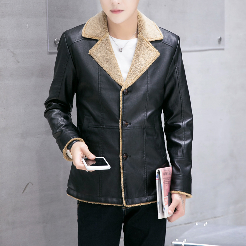 

New men's foreign trade fur PU leather jacket warm plus velvet high-end jacket, Red16002