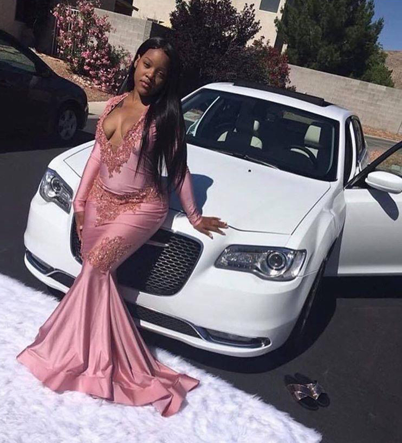 

Pink Plus Size Prom Dresses Long Plunging V Neck Mermaid Lace Appliques Floor Length Formal Evening Party Dress Black Girl, Brown
