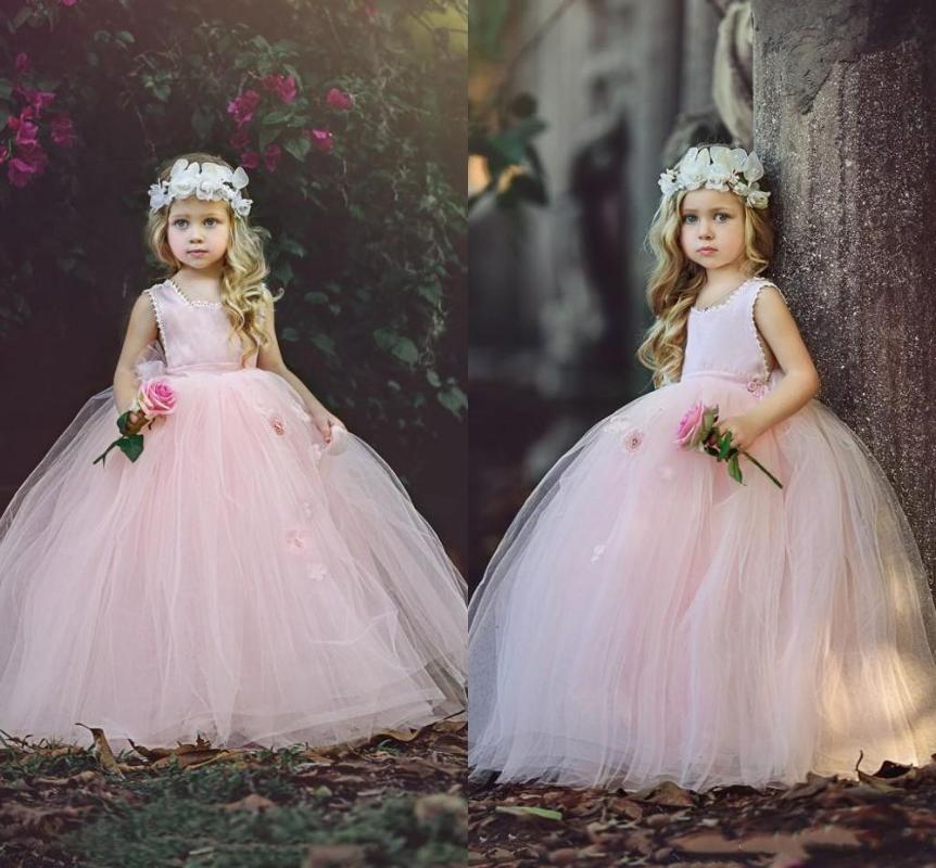 

New Blush Pink Ball Gown Flower Girls Dresses Puffy Tulle Floor Length First Communion Dresses Girls Pageant Gown Custom Made