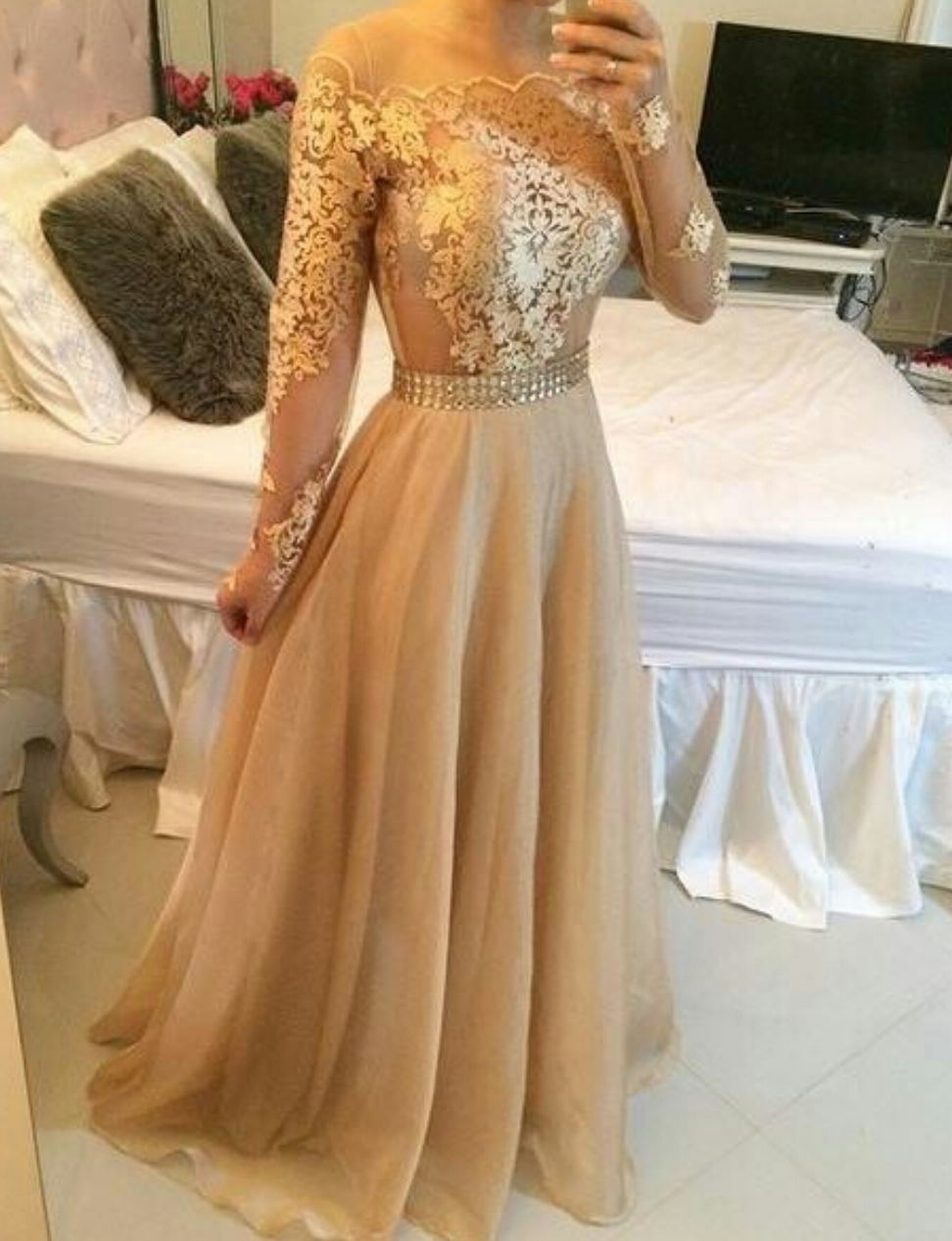 champagne long sleeve maxi dress
