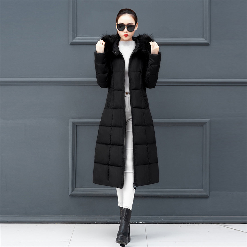 

Elegant Winter Jacket For Women Outerwear Faux Fur Hooded Coat Long Cotton-padded Jackets Pocket Coats Winter Coat Women, Black