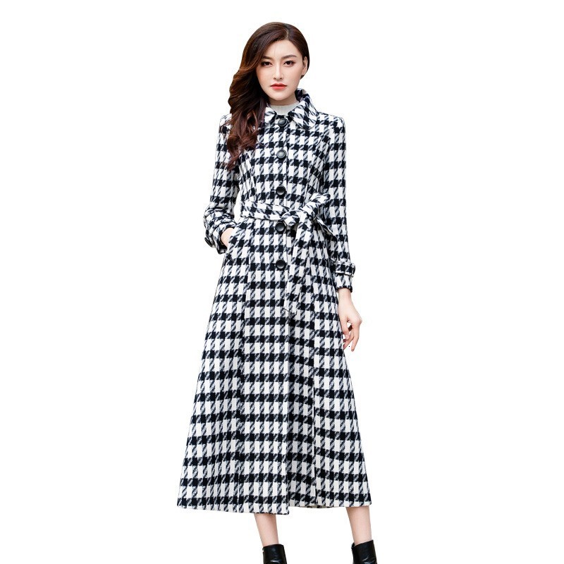 

New Winter Women Maxi Long Woolen Coat Belted Slim Fit High Waist Female Plaid Overcoat Single Breasted Padded Wool Blends Coats, Plaid padded