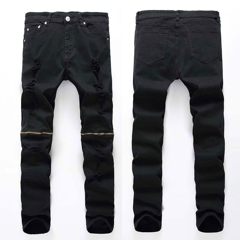 

Mens Skinny jeans Night Club denim Causual Knee Holes Center Zipper hiphop pants Washed high quality, T-339