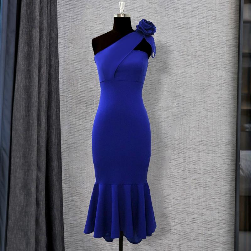 

Blue Party Dress Ruffles One Shoulder Big Flower Sexy Bodycon Women Vestido Celebrate Event Occasion Dinner Night Out Robes New