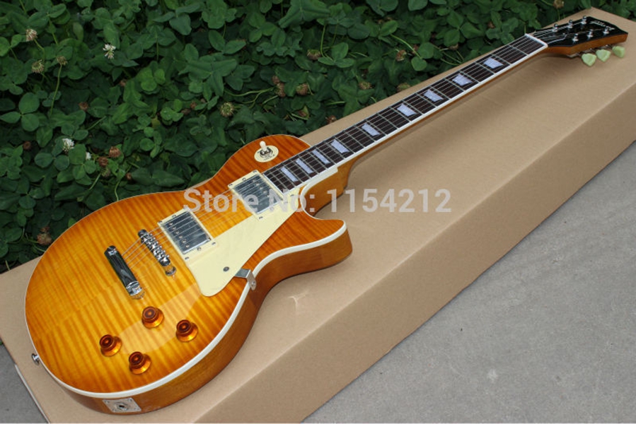 

Promotion! 1959 VOS R9 Flame Maple Top Amber Sunburst Electric Guitar, Mahogany Body, Chrome Hardware, White Pearl Inlay
