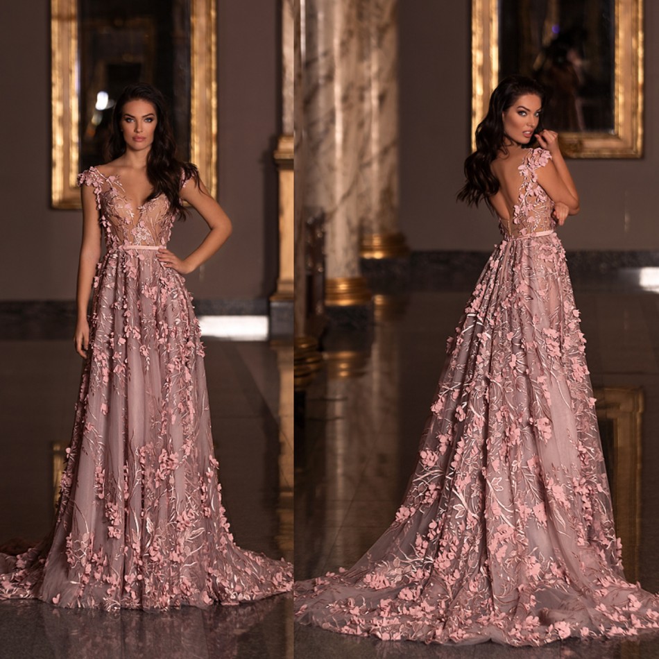 

Modern A Line Prom Dresses With V Neck Sleeveless Capped Appliques Custom made Flower Tulle Party Gowns Sweep Train Prom Gowns, Same as image