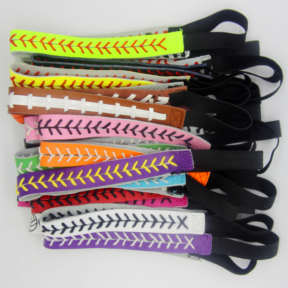 

2022 green softball white stitching really leather headbands whosale retail hairbow