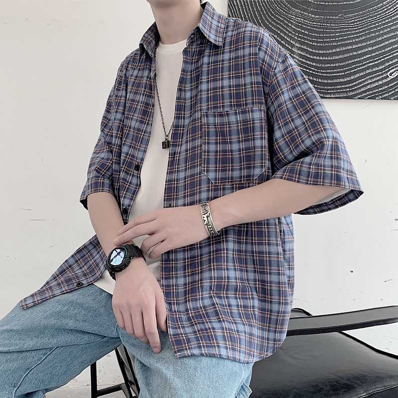 

MOGU Men's Casual Shirts Leisure Design Plaid High Quality Men's Social HighStreet Shirts 100% Cotton Short Sleeve, Blue