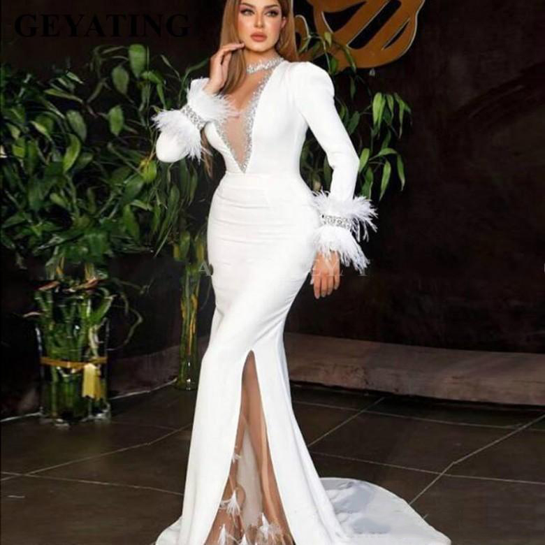 

Formal White Mermaid Party Dresses Elegant Women Arabic Prom Dress 2020 Saudi Arabia Dubai Evening Dresses Long Sleeves Feathers Ladies, Ivory