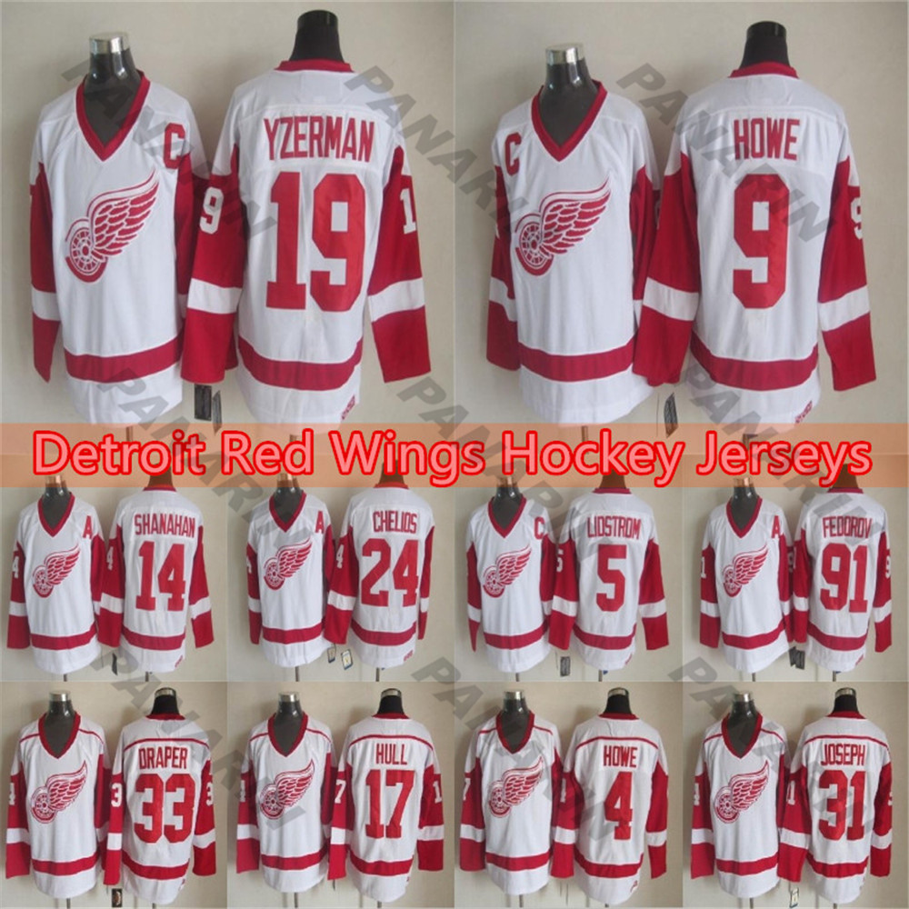 

Mens Detroit Red Wings Hockey Jersey 14 SHANAHAN 24CHELIOS 19 Steve Yzerman 9 Gordie Howe white Jersey