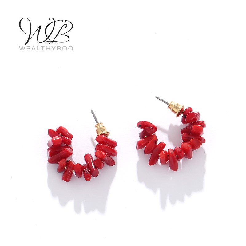 

Hoop & Huggie WEALTHYBOO Circle Women Imitation Red Coral Earrings Temperament Small C Shape Personality Fashion Jewelry