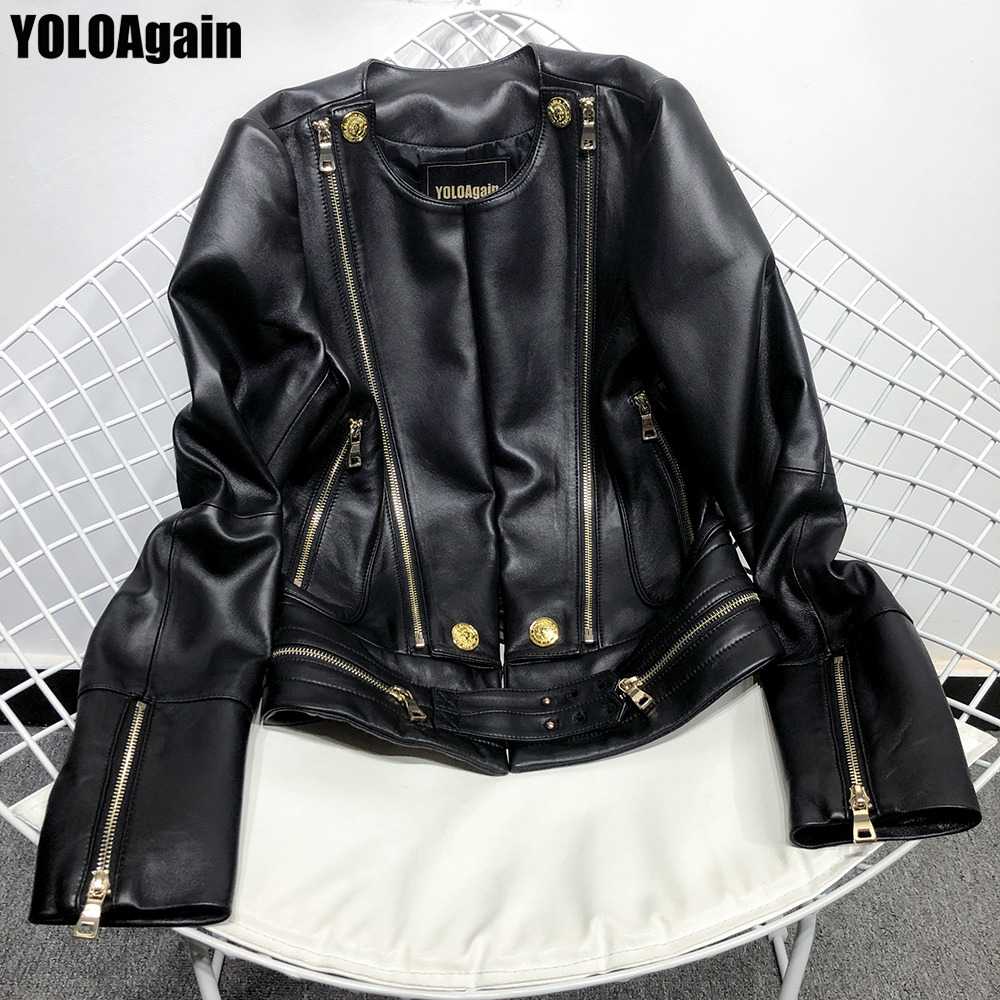 

YOLOAgain Women genuine leather jacket ladies real leather jacket, Black