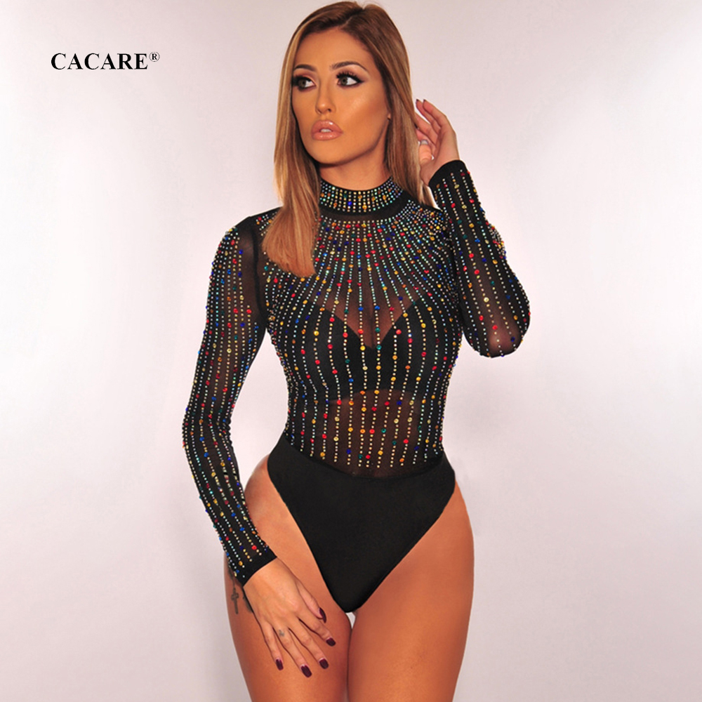 

Sexy Women Lace Bodysuit Jumpsuits Woman Summer CHEAPEST Ladies Rompers Playsuits F0096 Long sleeve with Rhinestones, Black