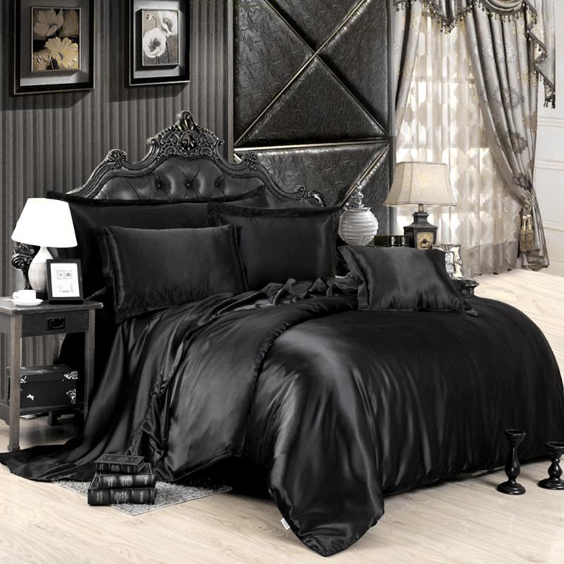 

100% pure satin bedding sets comforter bed set pillow duvet cover bed sheet Quilt cover Single/Double/Queen Size Quilted, Black