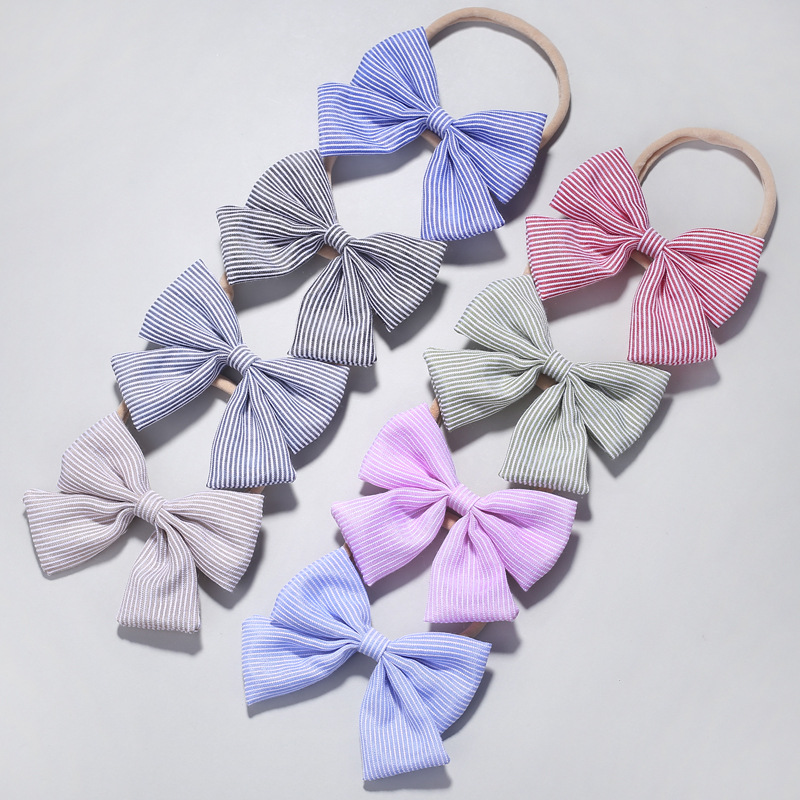 

free shipping 8pcs Cotton and linen classic stripe headwear children super soft bow nylon hair band, 20200226414