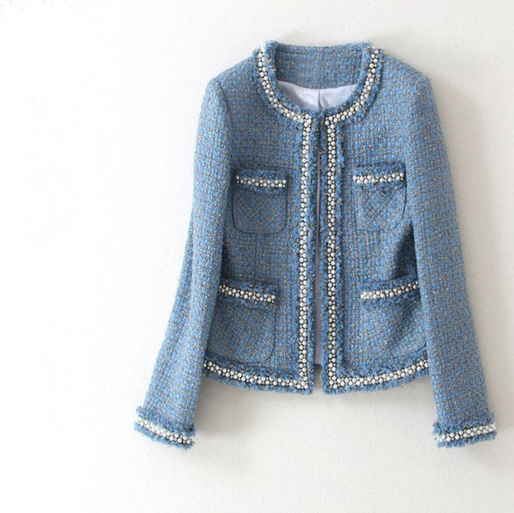

Blue Tweed Jacket Coat Autumn Women' Beading Long Sleeve Woolen Fringed Trim Tassels Pearl Pocket Runway Jacket