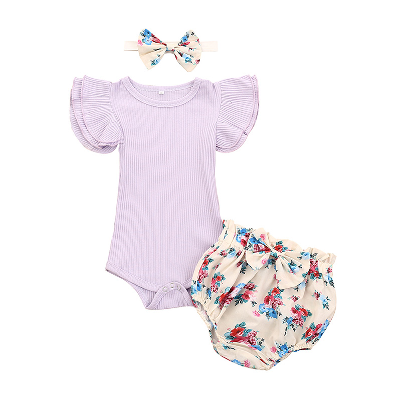 

New Baby Girl Set Newborn Clothing Baby Girls Clothing Jumpsuit + Flower Print Shorts + Floral Hairband Set 2020