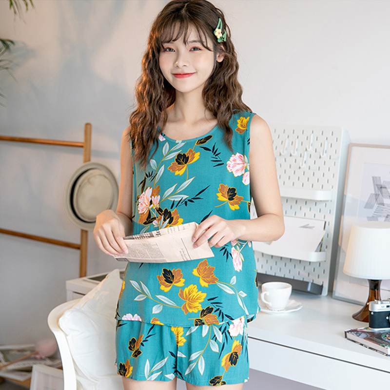 

JULY'S SONG Soft Viscose Sleepwear Female Casual Sleeveless Vest Shorts Women's Summer Homewear O Neck Colorful Pajamas Women, Color13