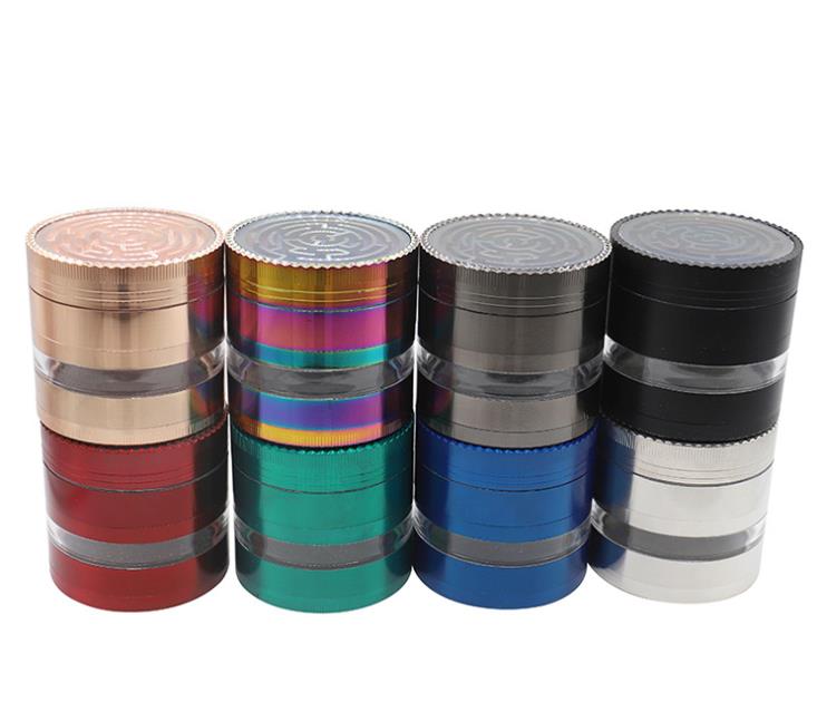 

New Four-Layer Multicolor Labyrinth Transparent Zinc Alloy Smoke Grinder 63mm Metal Individual Smoke Crusher Wholesale