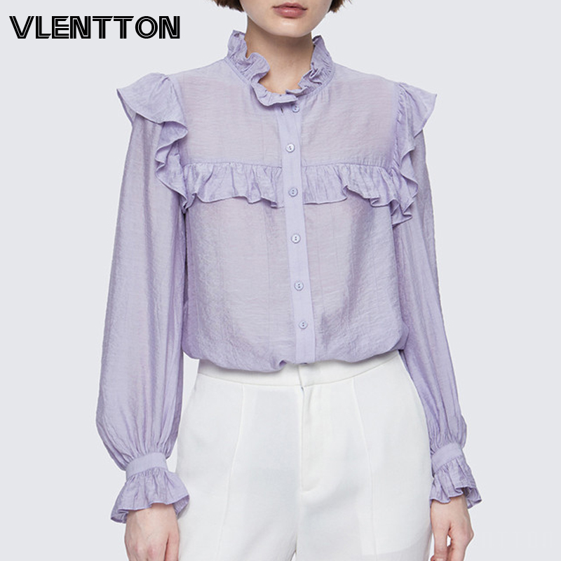 

2020 Spring Summer Purple Elegant Party Womens Tops And Blouses Ruffles Long Sleeve Solid Casual Shirts Ladies Blusas Camisas
