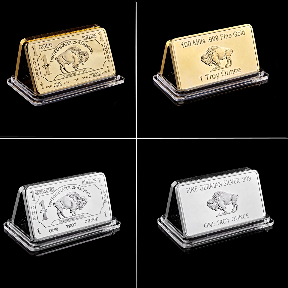 50mm *3mm Collectible Buffalo Bar Craft 1 Troy Ounce 100 Mill 999 Fine Silver&Gold Plated Commemorative Ba-image-533686222