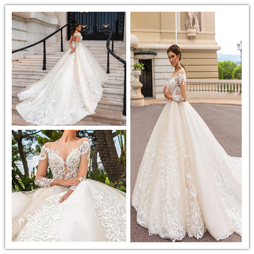 

Long Sleeves Elegant Luxury A-line Wedding Dresses 2019 Lace Appliques Backless Modern Chapel Train Bridal Gowns, Burgundy