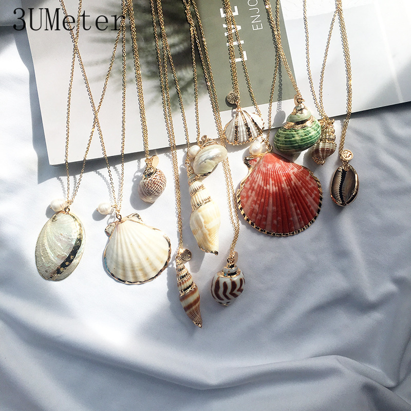

3UMeter 2019 Explosion Natural Shell Necklace For Women Imitation Pearl Pendant Necklace Summer Beach Gold Dropshipping