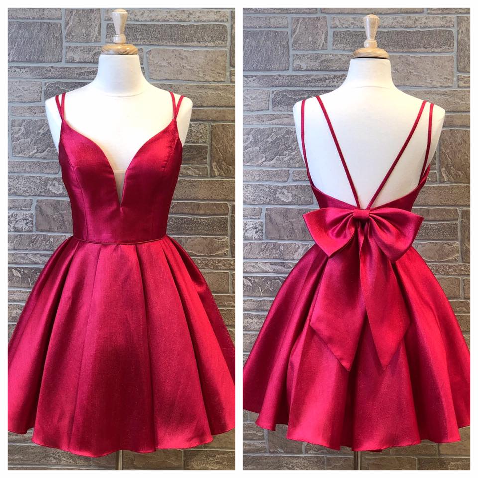 

Bright Red Homecoming Dresses 2019 A Line Spaghetti V Neck Short Prom Party Dance Gowns Real Photo Big Bow Backless Cocktail Hoco Graduation, Same as image