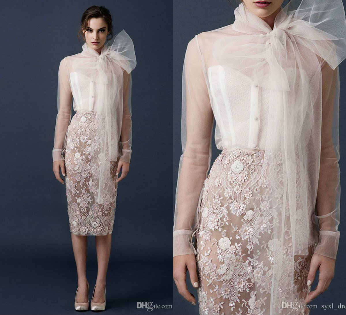 

2019 Elegant Prom Dresses With Tie Lace Appliqued Long Sleeve Knee Length Cocktail Party Dress Custom Made Mother Of The bride Gowns, Champagne