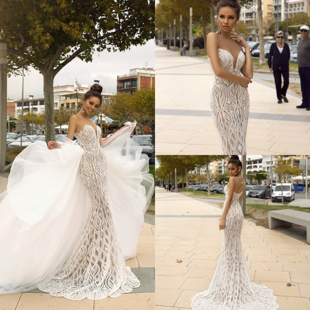 

Overskirt Mermaid Wedding Dresses With Detachable Train Equisite Applique Sweep Train Beach Wedding Dress Custom Made Plus Size Bridal Gowns, Yellow