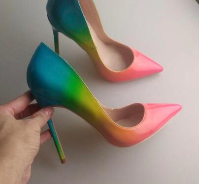 

Hot Sale- fee women pumps rainbow multi color patent leather pointed toe high heels bride wedding shoes pumps real photo, 10cm heel