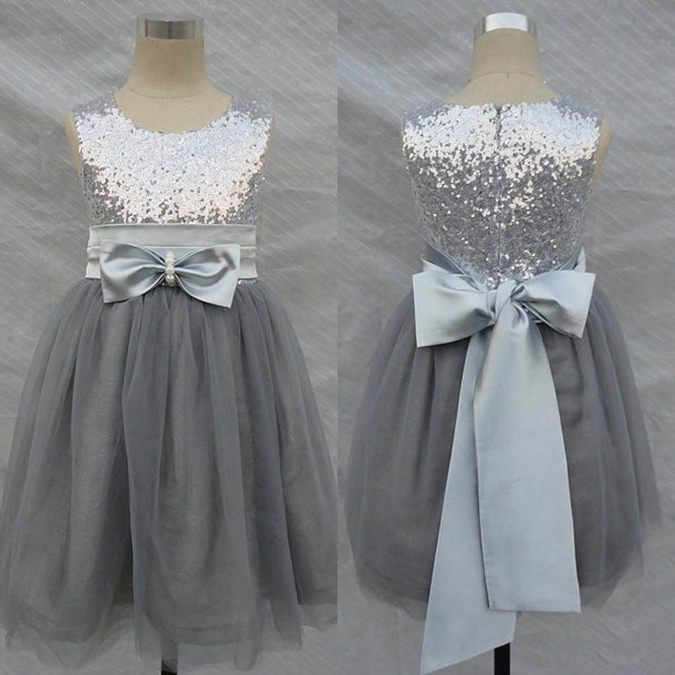 Robes à fleurs grises scintillantes pour filles, en Tulle, avec ceinture à nœud et paillettes, longueur au sol, robe de concours, robes de soirée